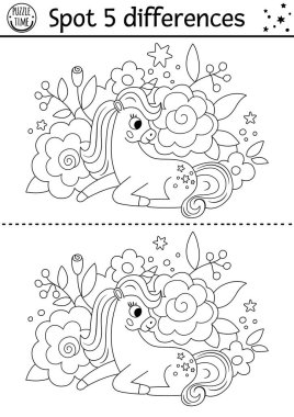 Tek boynuzlu at farklı bir oyun bulur. Peri masalı aktivitesi. Çiçek arkaplanı boynuzlu oturan bir at. Komik fantezisi olan çocuklar için sevimli renkli sayfa bulmacası.