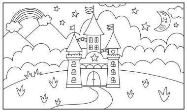 Tek boynuzlu at şatosu, tarlası, bulutları, gökkuşağı olan siyah beyaz vektör. Saray ve kulelerle fantezi dünyası. Peri masalı manzara boyama sayfası. Çocuk için Krallık illüstrasyonu