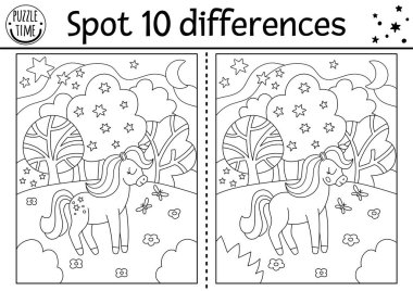 Tek boynuzlu at çocuklar için farklı bir oyun buluyor. Boynuzlu atlarla peri masalı aktivitesi, sihirli orman. Komik fantezisi olan çocuklar için sevimli renkli sayfa bulmacası.