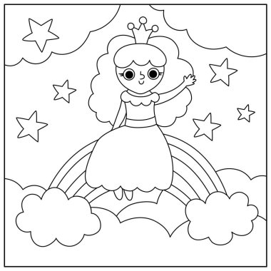 Gökkuşağında oturan ve el sallayan peri prensesi olan siyah-beyaz bir vektör. Büyü ya da fantezi dünyası sahnesi. Peri masalı manzarası ya da boyama sayfası. Gece gökyüzü çizimi