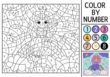 Vector Unicorn temalı sayı etkinliği temalı gökkuşağında oturan peri. Peri masalı manzarası. Küçük şirin prensesle siyah beyaz sayma oyunu. Çocuk için sihirli boyama sayfası