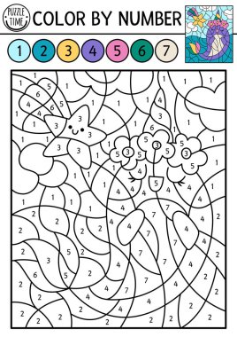 Narval ve kayan yıldız yıldızları ile renk bazında vektör etkinliği, yarım ay. Peri masalı manzarası. Küçük sevimli bir fantezi hayvanıyla siyah beyaz sayma oyunu. Çocuk için sihirli boyama sayfası