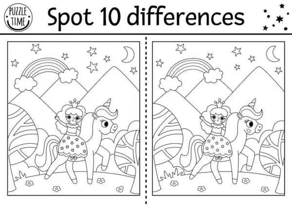 独角兽黑人和白人为孩子们寻找不同的游戏 在童话故事的背景下与仙女骑马的系列活动 为具有滑稽幻想性格的孩子设计彩色拼图 矢量图形