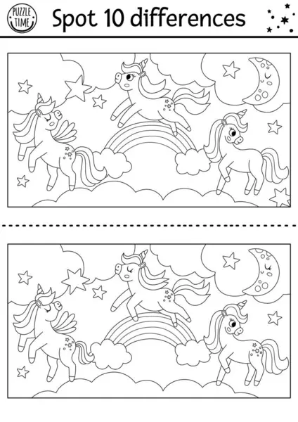 黑白相间的游戏适用于有独角兽的儿童 童话线活动与马与角 神奇的风景背景 有幻想的孩子的彩色拼图 矢量图形