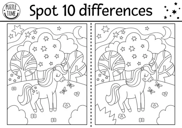 独角兽黑人和白人为孩子们寻找不同的游戏 童话线活动与马与角 魔法森林 为具有滑稽幻想色彩的孩子设计有趣的彩色页面拼图 图库插图
