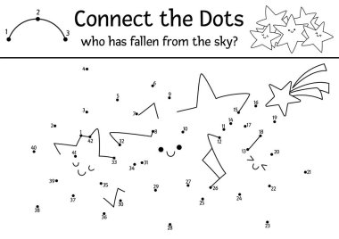 Vector dot-to-dot and color activity with smiling falling stars. Fairytale connect the dots game for children with cute fantasy planets. Magic world coloring page for kids. Printable workshee clipart