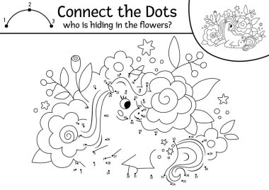 Çiçeklerde saklanan tek boynuzlu atlarla nokta nokta renk aktivitesi. Peri masalı çocuklar için şirin bir fantezi hayvanıyla noktaları birleştirme oyunu. Çocuklar için sihirli dünya boyama sayfası. Yazdırılabilir çalışma grubu