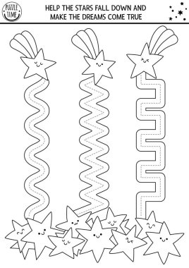 Kayan yıldızlarla birlikte vektör el yazısı alıştırması. Çocuklar için fantezi basılabilir siyah beyaz aktivite. Yazma becerileri için izleme oyunu. Hayalleri gerçekleştirmek için sihirli dünya boyama sayfası