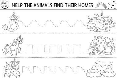 Tek boynuzlu at, lama, narval ve evleriyle birlikte vektör el yazısı alıştırması. Çocuklar için fantezi basılabilir siyah beyaz aktivite. Yazma becerileri için izleme oyunu. Sihirli dünya boyama bezi