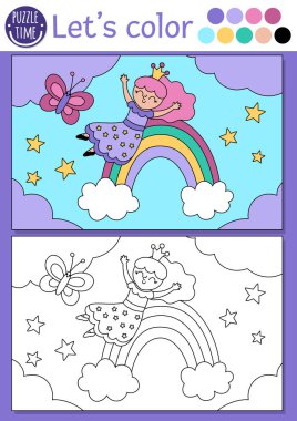 Tatlı peri prensesi gökkuşağı kayan çocuklar için boyama sayfası. Vektör peri masalı tasviri. Renkli örnekleri olan çocuklar için fantezi renkli kitaplar. Sihirli dünya basılabilir çalışma alanı çizer
