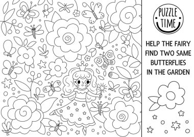 Perinin bahçede aynı kelebeği bulmasına yardım et. Çiçek sahneli peri masalı boyama sayfası, küçük prenses. Çocuklar için büyülü dünya aktivitesi. Ki için fantezi siyah beyaz çalışma tablosu