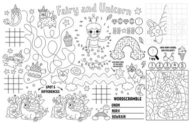 Çocuklar için tek boynuzlu at paspası. Peri masalı basılabilir paspaslı labirent, tik taktik parmak çizelgesi, noktaları birleştir, farkı bul. Siyah beyaz oyun hasırı, perili boyama sayfası, gökkuşağı, prensler