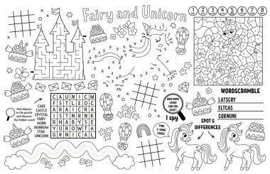 Çocuklar için tek boynuzlu at paspası. Peri masalı basılabilir paspaslı labirent, tik taktik parmak çizelgesi, noktaları birleştir, farkı bul. Siyah beyaz oyun hasırı, perili boyama sayfası, gökkuşağı, prensler