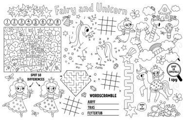 Çocuklar için tek boynuzlu at paspası. Peri masalı basılabilir paspaslı labirent, tik taktik parmak çizelgesi, noktaları birleştir, farkı bul. Siyah beyaz oyun hasırı, perili boyama sayfası, gökkuşağı, prensler