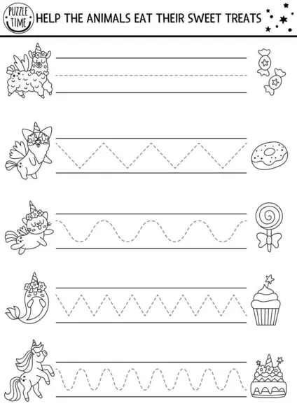病媒笔迹练习与独角兽 美洲驼 猫和甜食工作表 为儿童设计的可打印的黑白活动 追踪游戏的写作技巧 魔幻世界的彩色页与甜点 图库矢量图片