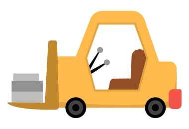 Yüklü vektör yükleyicisi. İnşaat alanı ve yol çalışması ikonu. Ulaşım platformu oluşturuluyor. Sevimli özel nakliye ya da tamir hizmeti çizimi. Çocuk için sarı forklift araba