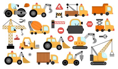 Büyük vektör özel nakil seti. İnşaat alanı, yol çalışması, buldozer, traktör, kamyon, vinç, yükleyici, kazıcı, beton karıştırıcı ile ulaşım simgeleri. Şirin tamir hizmeti aracı