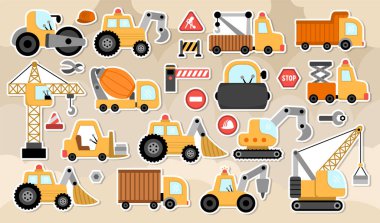 Büyük vektör özel nakliye etiketleri ayarlandı. İnşaat alanı, yol çalışması, buldozer, traktör, kamyon, vinç, kazıcı, beton karıştırıcılı taşıma ikonları. Şirin tamir hizmeti aracı