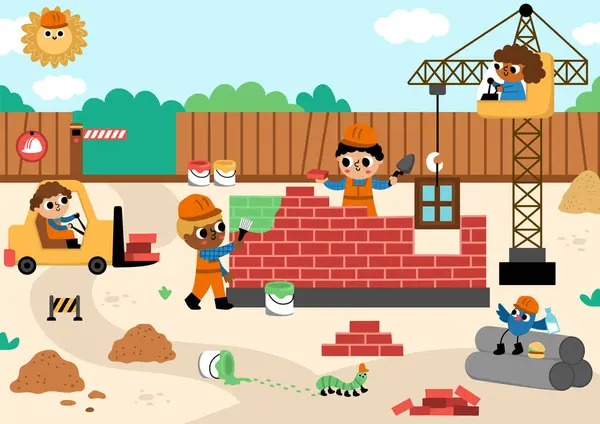 Vektorbaustelle Landschaft Illustration Szene Mit Kinderarbeitern Beim Bau Eines Ziegelhauses Stockvektor
