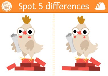 Çocuklar için farklılık oyunu bul. Tuğla yığınında tavuk mimarı ile inşaat alanında eğitim aktivitesi. Komik işçisi olan çocuklar için hoş bir bulmaca. Mantık, dikkat için yazdırılabilir çalışma tablosu veya sayfa