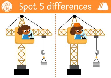 Çocuklar için farklılık oyunu bul. Vinç kaldırmada kız operatörle inşaat alanında eğitim aktivitesi. Komik işçisi olan çocuklar için hoş bir bulmaca. Yazdırılabilir çalışma kâğıdı, endüstriyel araçlı sayfa