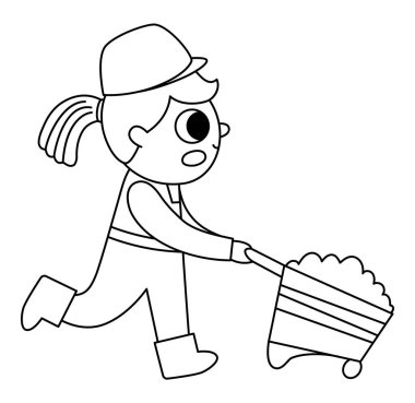 Taşıyıcı siyah beyaz çizgi film yapımcısı kız dolu el arabasıyla koşuyor. Çizgi tamircileri illüstrasyon veya çocuklar için boyama sayfası. Kasklı komik kadın işçi. Çocuk için meslek simgesi