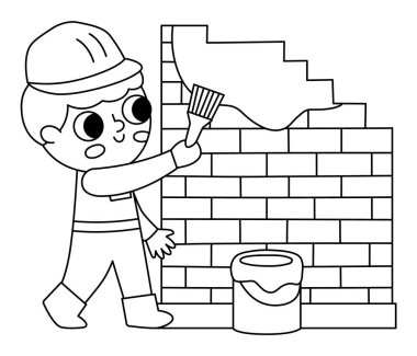 Vektör siyah-beyaz çizgi film yapımcısı. Duvarı yeşil boyayla boyuyor. Şirin tamirci illüstrasyonu ya da çocuklar için boyama sayfası. Kasklı komik işçi. Çocuk için meslek satırı simgesi