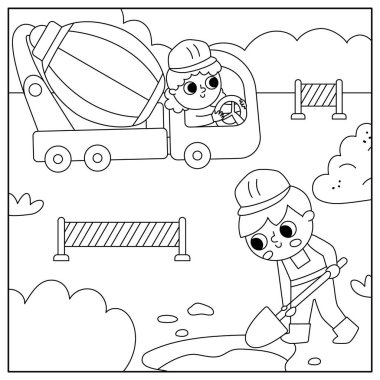 Vector siyah ve beyaz yol çalışması manzara çizimi. Beton karıştırıcı ve işçiyle çocuk sürücüsü sahnesi. Tamir servisi, inşaat alanı arkaplanı, komik araçlı boyama sayfası.