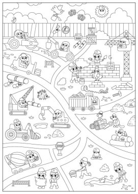 Siyah-beyaz taşıyıcı inşaat alanı ve yol çalışması dikey manzara çizimi. Komik çocuk inşaatçıları, ulaşım, vinç olan bir bina. Satır onarımı servis haritası arkaplanı, renklendirme sayfası