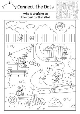 İnşaat alanı ile nokta nokta ve renk aktivitesi. Bina çalışma hattı, noktaları yol onarımı ile birleştiriyor. Yazdırılabilir çalışma tablosu veya endüstriyel araçla renklendirme sayfası