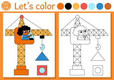 Yüklü vinç taşıyan çocuklar için inşaat alanı boyama sayfası. Vektör onarımı taslak çizimi ile çalışır. Renkli örnekleri olan çocuklar için boyama kitabı. Çizim becerileri yazdırılabilir çalışma grubu