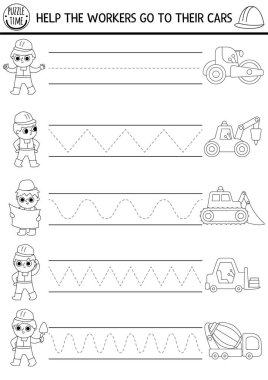 Vektör inşaat alanı el yazısı çalışma listesi. Tamirat çocuklar için basılabilir siyah beyaz aktiviteler. Yazma becerileri için izleme oyunu. İşçilerin ve sanayi araçlarının olduğu boyama sayfası