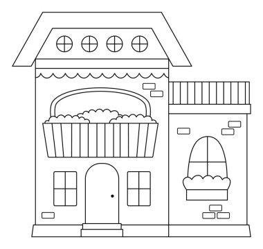 Siyah ve beyaz vektör güzel ev simgesi. Yerleşik yapı çizgisi çizimi. Çiçekli şirin bir kır evi. Çatılı, duvarlı, terrac 'lı komik küçük kasaba ya da şehir boyama sayfası