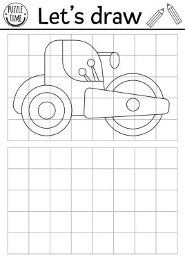 Yol silindirini çiz. Vektör inşaat alanı endüstriyel araçla çalışma çalışma çizelgesi çiziyor. Çocuklar için basılabilir siyah-beyaz aktivitesi. Resim boyama sayfasını ca ile kopyala veya tamamla
