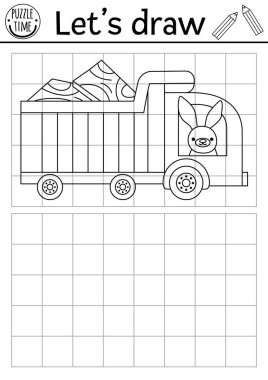 Kamyonu çiz. Vektör inşaat alanı endüstriyel araçla çalışma çalışma çizelgesi çiziyor. Çocuklar için basılabilir siyah-beyaz aktivitesi. Resim boyama sayfasını ca ile kopyala veya tamamla