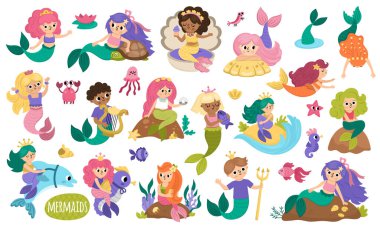 Vector mermaids set. Underwater kingdom collection with ocean princess, prince. Cartoon marine fairytale characters for kids. Water adventures clipart with sirens swimming, sitting on roc clipart