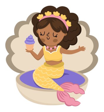 Peri masalı vektörü koyu tenli deniz kızı bir kabuğun üzerinde oturup kek yiyor. Beyaz arka planda izole edilmiş fantezi balık kız. Peri masalı prensesi. Şirin siren karakteri. Sualtı macera ico