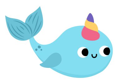 Mutlu narval unicorn. Gökkuşağı boynuzlu fantezi su hayvanı. Peri masalı ya da çocuklar için deniz kızı karakteri. Çizgi film sihirli yaratık simgesi beyaz sırtüstü izole