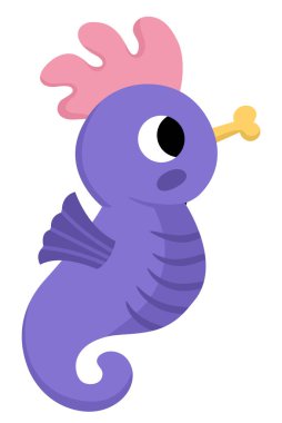 Vektör mor deniz atı simgesi. Deniz resimlerinin altında sevimli, komik balıklarla. Okyanus hayvanı klipsi. Suyun altında çizgi film, beyazda izole edilmiş çocuklar için deniz klibi. Deniz atı resmi