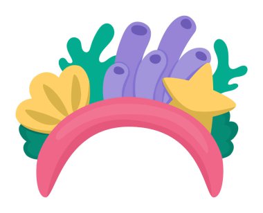 Beyaz arka planda izole edilmiş peri masalı deniz bandı. Deniz yosunlu, deniz kabuklu, deniz yıldızlı bir deniz kızı aksesuarı. Peri masalı ya da saç süsleme ikonu. Çizgi film sihirli objec