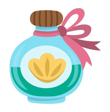 Sihirli iksirli vektör mavi deniz şişesi. Deniz kabuğu ve fiyonklu sevimli cadılık unsuru. Deniz kızı cam kavanoz ikonu. Su altı prensesi likit içecek ya da çocuk için iksir çizimi