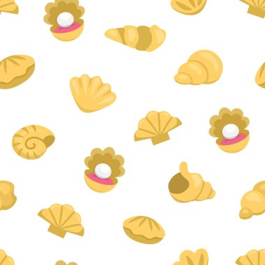 Deniz kabuklarıyla kusursuz bir desen. Denizin altında arka planda sarı kabuklar, yumuşakçalar, inciler var. Okyanus yaşamı dijital kağıdı. Komik su hayvanları ya da yaz plajı çizimleri