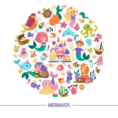 Denizkızlarıyla yuvarlak bir çerçeve. İçinde prenses, balık, kale ve daire içine alınmış deniz yosunları olan sualtı krallığı kartı şablonu. Sancaklar için deniz masalı tasarımı, davet