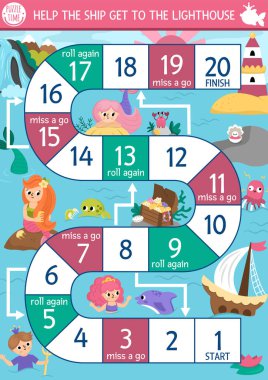 Tatlı deniz prensesi olan çocuklar için denizkızı zar oyunu. Lagün manzaralı deniz panosu oyunu. Peri masalı, basılabilir okyanus aktivitesi, çalışma tablosu. Geminin aydınlanmasına yardım et.