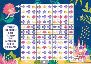 Denizkızı labirenti, deniz kabuklarıyla oyun ara ve bul, taç. Dikkat çekme yeteneği bulmacası. Çocuklar için deniz piyadesi aktivitesi. Mantıklı arama yap-bozu. Deniz prensesinin kaleye ulaşmasına yardım etmek için mor balığı takip edin!