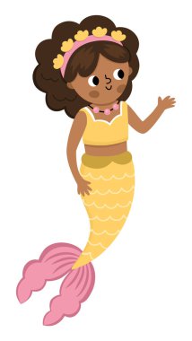 Peri masalı gibi kahverengi saçlı bir deniz kızı. Beyaz arka planda izole edilmiş fantezi balık kız. Peri masalı prensesi. Hazine adası, korsan, sualtı macera ikonu. Sevimli kız sirenleri