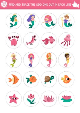 Garip olanı bul. Çocuklar için deniz kızı mantıksal aktivitesi. İlgi çekmek için okyanus krallığı eğitim sınavı çalışma tablosu. Deniz prensesi, deniz adamı, balık, yosun ile basılabilir deniz oyunu