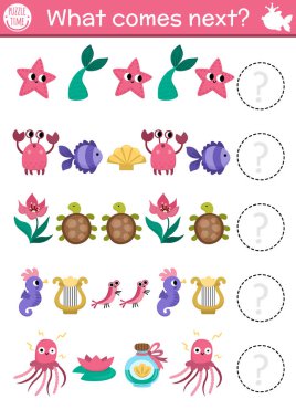 Sırada ne var? Deniz prensesi kuyruğu, yengeç, balık, hayvan kuyruğu olan anaokulu çocukları için denizkızı aktivitesi. Peri masalı okyanus krallığı mantık ardılı çalışma tablosu. Denizci, devam et.