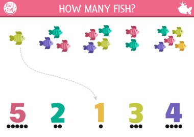 Rakamlarla deniz kızı oyununu renkli balıklarla eşleştir. Anaokulu öğrencileri için peri masalı okyanus krallığı matematik aktivitesi. Deniz hayvanlarıyla Deniz Eğitim Sayım Çalışma Kılavuzu