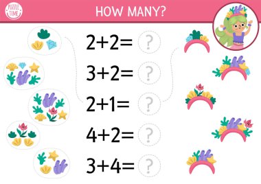 Deniz kızı numaralarını deniz yosunlarından ve deniz kabuklarından yapılmış saç bandıyla karşılaştır. Anaokulu öğrencileri için peri masalı okyanus krallığı matematik aktivitesi. Deniz Prensleri ile Deniz Eğitim Sayım Çalışma Kılavuzu